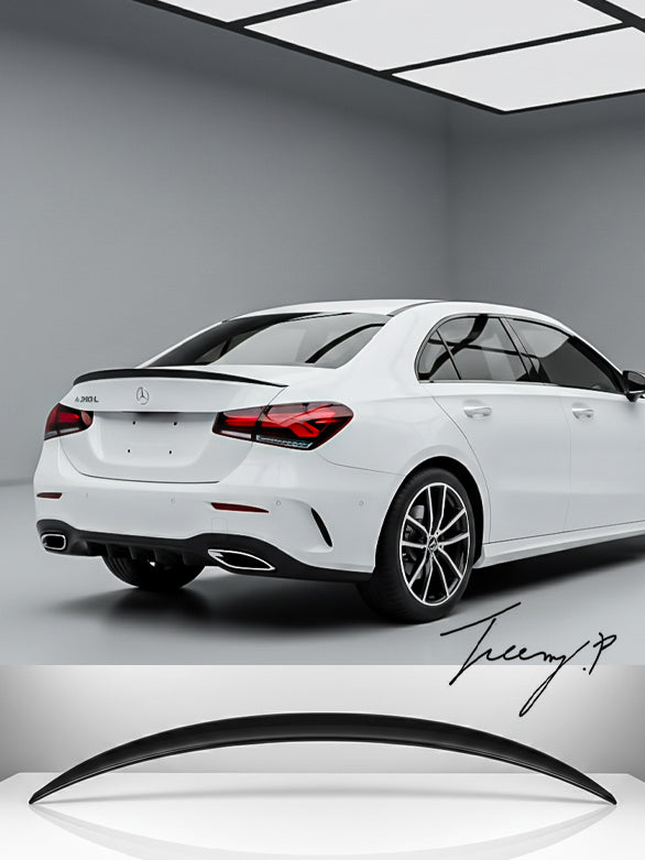 Gloss black rear trunk spoiler wing installed on a 2019 Mercedes-Benz A-Class A200 sedan