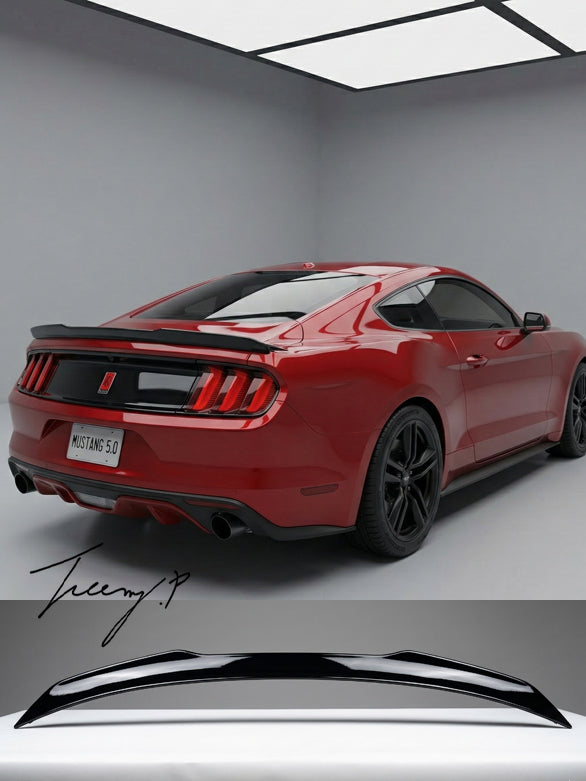 Ford Mustang 2015 to 2021 blade style rear trunk spoiler lip gloss black sleek sporty upgrade for improved style and rear profile

