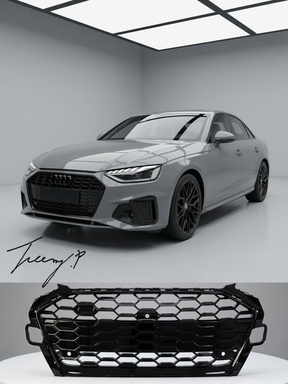 RS style gloss black honeycomb radiator grille for Audi S4 B9 facelift 2019 onwards
