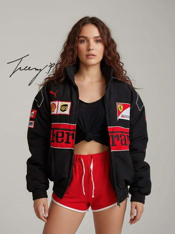 Vintage black Ferrari embroidered padded jacket with hoodie, unisex outdoor coat for men and women.
