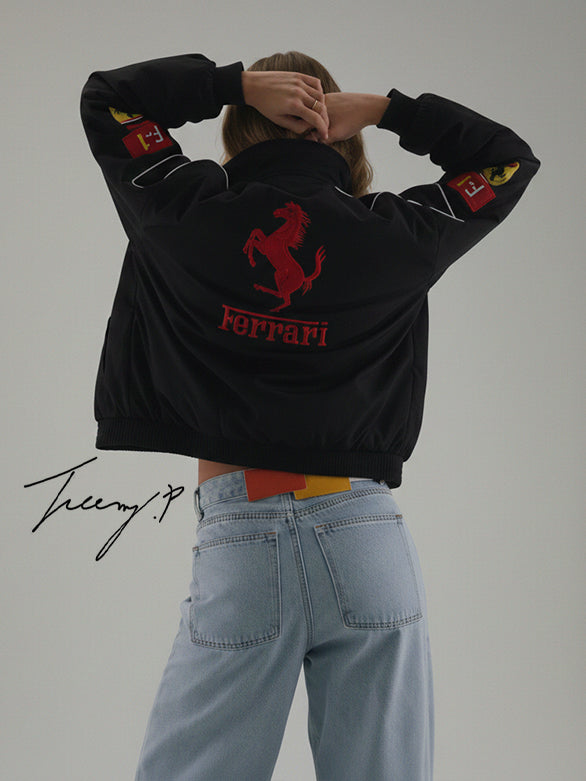 Vintage black Ferrari embroidered padded jacket with hoodie, unisex outdoor coat for men and women.
