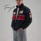 Vintage black Ferrari embroidered padded jacket with hoodie, unisex outdoor coat for men and women.
