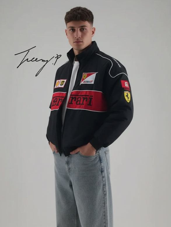 Vintage black Ferrari embroidered padded jacket with hoodie, unisex outdoor coat for men and women.
