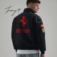 Vintage black Ferrari embroidered padded jacket with hoodie, unisex outdoor coat for men and women.
