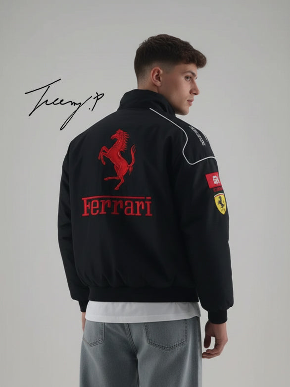 Vintage black Ferrari embroidered padded jacket with hoodie, unisex outdoor coat for men and women.
