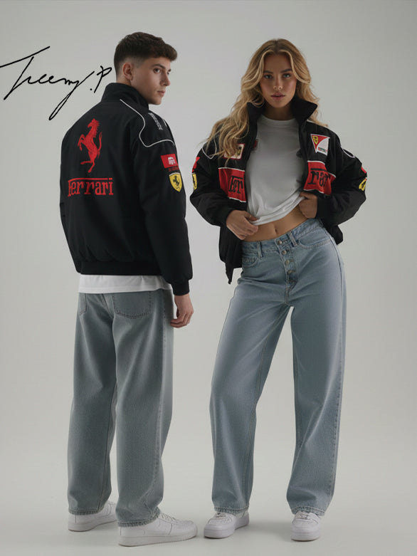 Vintage black Ferrari embroidered padded jacket with hoodie, unisex outdoor coat for men and women.
