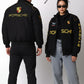 Vintage black Porsche embroidered stitched padded jacket, unisex outdoor coat for men and women.
