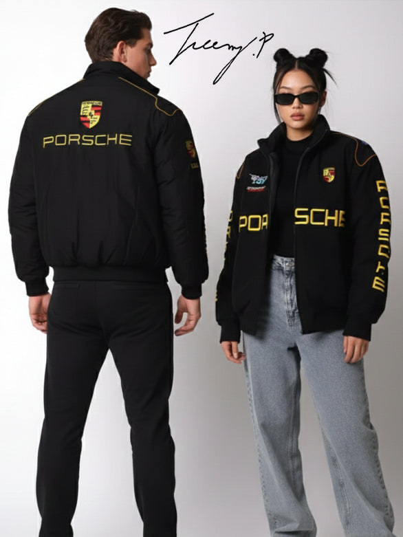Vintage black Porsche embroidered stitched padded jacket, unisex outdoor coat for men and women.
