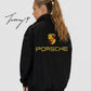 Vintage black Porsche embroidered stitched padded jacket, unisex outdoor coat for men and women.
