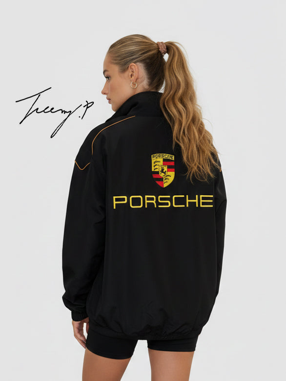 Vintage black Porsche embroidered stitched padded jacket, unisex outdoor coat for men and women.
