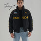 Vintage black Porsche embroidered stitched padded jacket, unisex outdoor coat for men and women.
