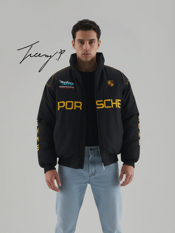 Vintage black Porsche embroidered stitched padded jacket, unisex outdoor coat for men and women.
