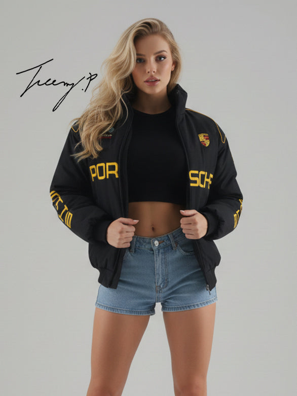 Vintage black Porsche embroidered stitched padded jacket, unisex outdoor coat for men and women.
