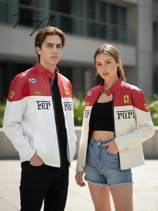 Vintage Ferrari Formula 1 leather racing jacket with embroidered logos, unisex F1 limited-edition design.
