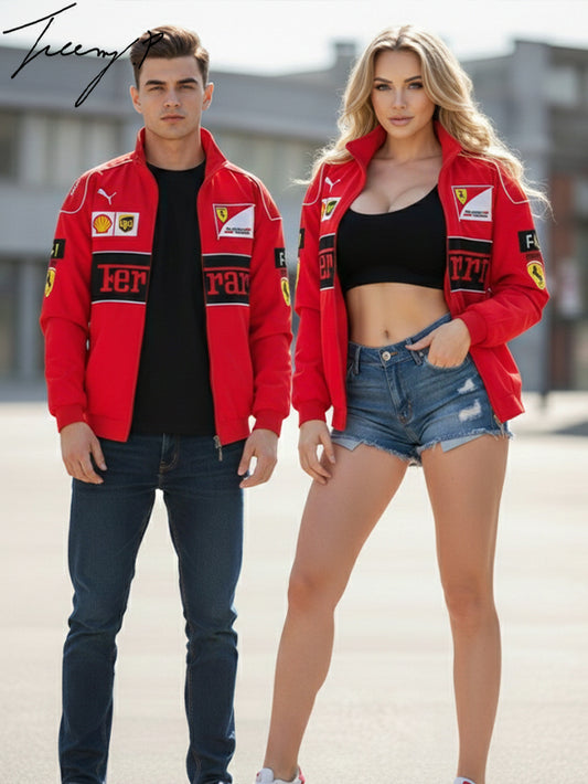Vintage red Ferrari embroidered jacket, unisex outdoor fashion coat for men and women.
