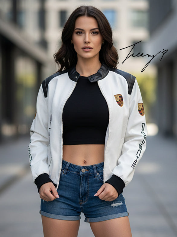 Vintage-style Porsche Formula 1 leather racing jacket with embroidered logos, unisex black hoodie-style coat.
