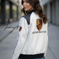 Vintage-style Porsche Formula 1 leather racing jacket with embroidered logos, unisex black hoodie-style coat.

