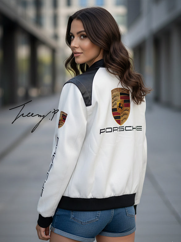 Vintage-style Porsche Formula 1 leather racing jacket with embroidered logos, unisex black hoodie-style coat.
