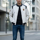 Vintage-style Porsche Formula 1 leather racing jacket with embroidered logos, unisex black hoodie-style coat.
