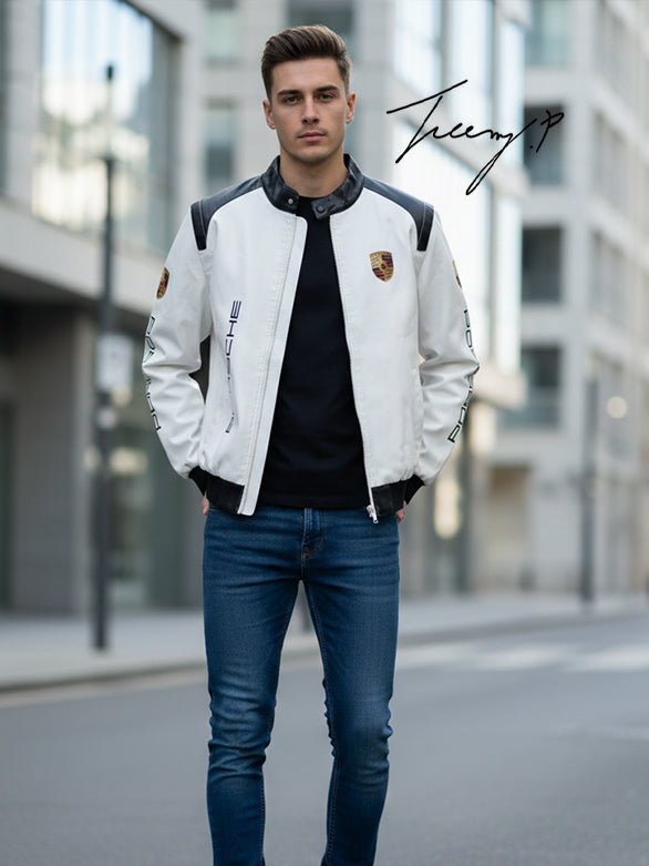 Vintage-style Porsche Formula 1 leather racing jacket with embroidered logos, unisex black hoodie-style coat.
