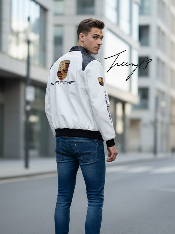 Vintage-style Porsche Formula 1 leather racing jacket with embroidered logos, unisex black hoodie-style coat.

