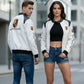 Vintage-style Porsche Formula 1 leather racing jacket with embroidered logos, unisex black hoodie-style coat.
