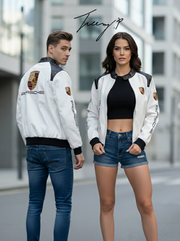 Vintage-style Porsche Formula 1 leather racing jacket with embroidered logos, unisex black hoodie-style coat.
