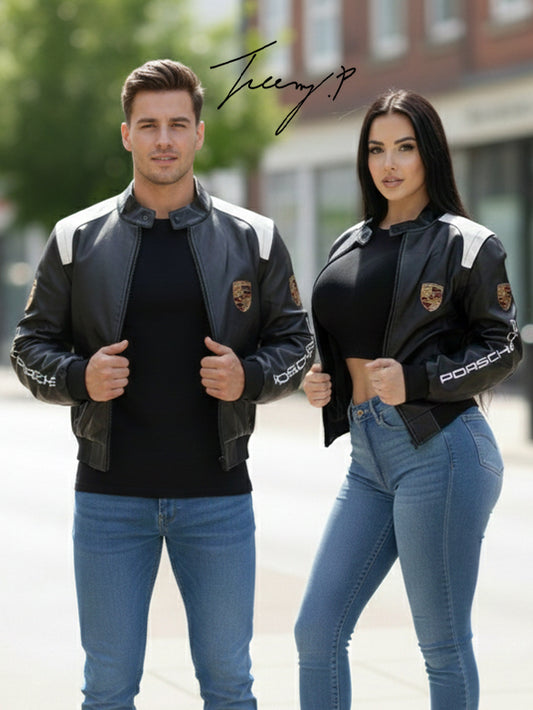 Vintage Porsche Formula 1 leather jacket with embroidered details, unisex F1 racing style limited-edition design.
