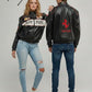 Black unisex leather-look Ferrari racing jacket with embroidered F1-style branding and hood.
