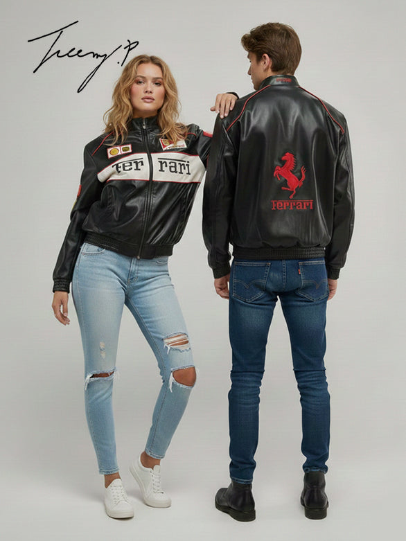 Black unisex leather-look Ferrari racing jacket with embroidered F1-style branding and hood.