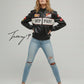 Black unisex leather-look Ferrari racing jacket with embroidered F1-style branding and hood.