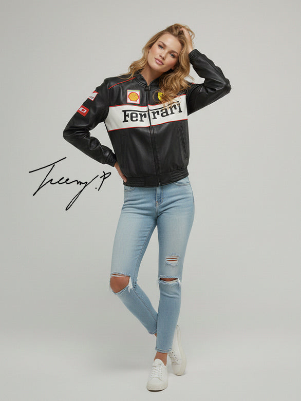 Black unisex leather-look Ferrari racing jacket with embroidered F1-style branding and hood.