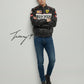 Black unisex leather-look Ferrari racing jacket with embroidered F1-style branding and hood.
