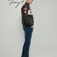 Black unisex leather-look Ferrari racing jacket with embroidered F1-style branding and hood.