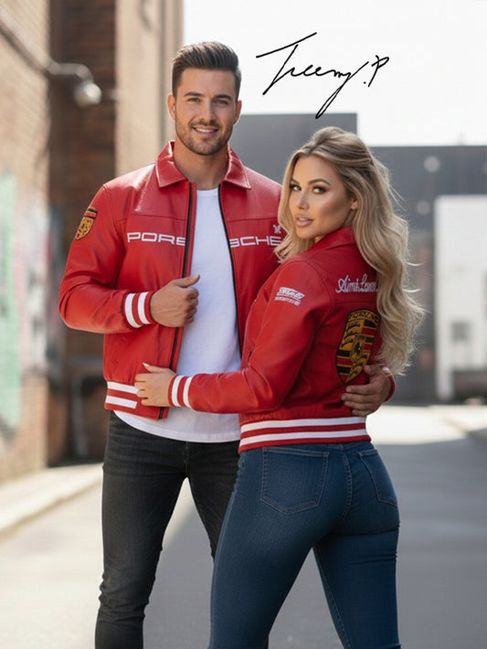 Unisex baggy padded leather-look Porsche racing jacket with embroidered stitching and hood.