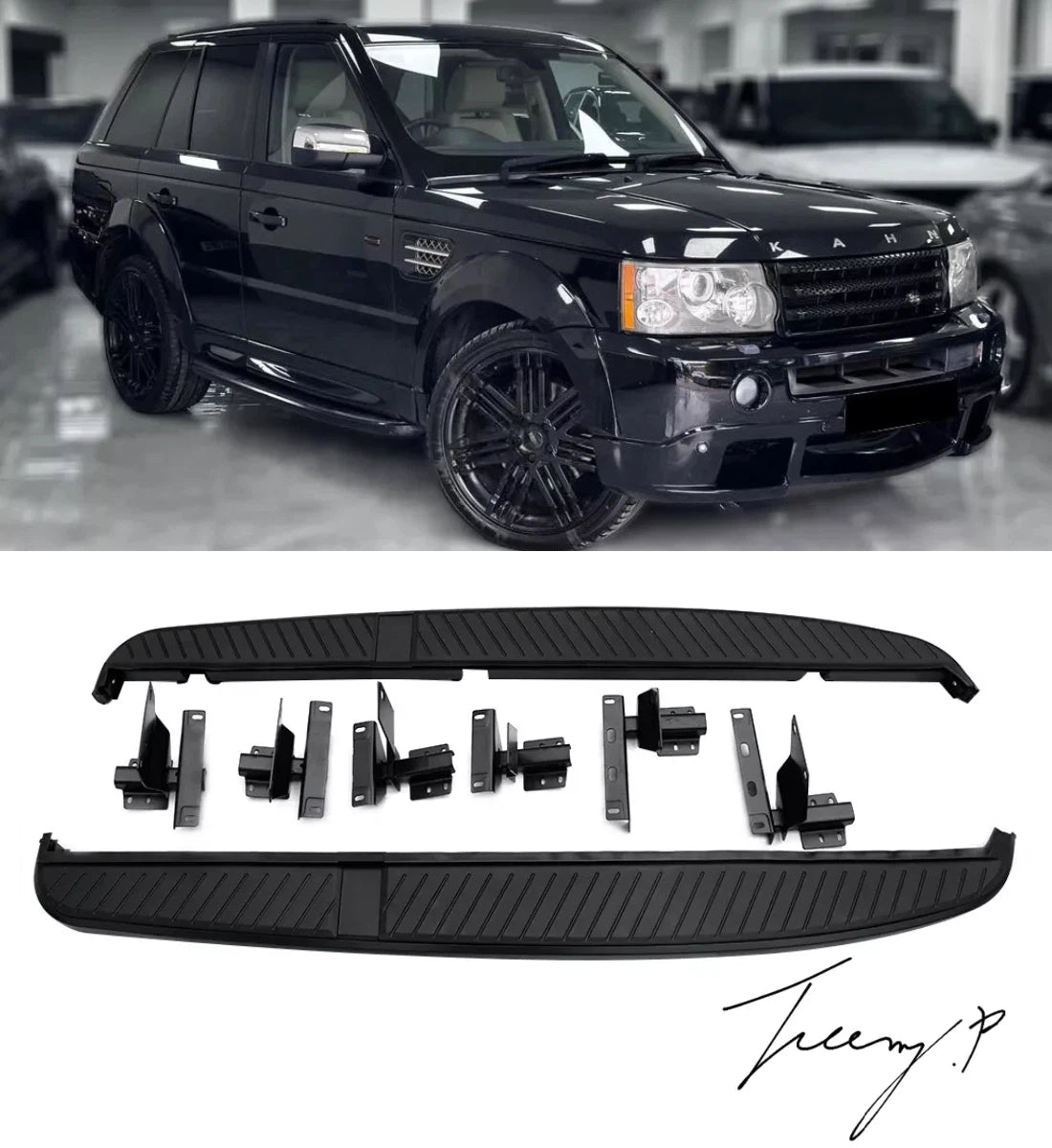 All-black side step running boards installed on a 2005-2013 Range Rover Sport (L320)