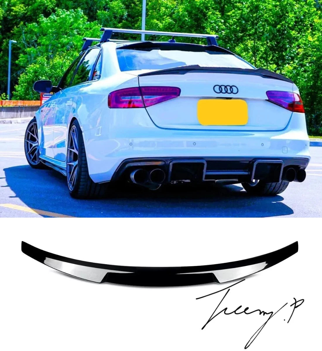 Gloss black M4-style rear boot spoiler lip installed on a 2009-2012 Audi A4 B8