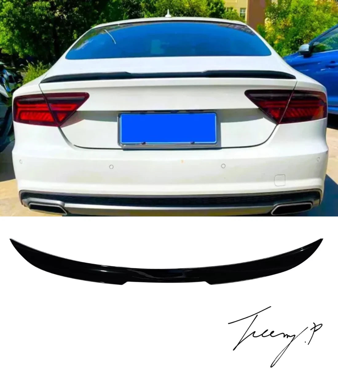 Gloss black rear boot trunk spoiler lip wing installed on a 2010-2018 Audi A7 Sedan (Sportback)