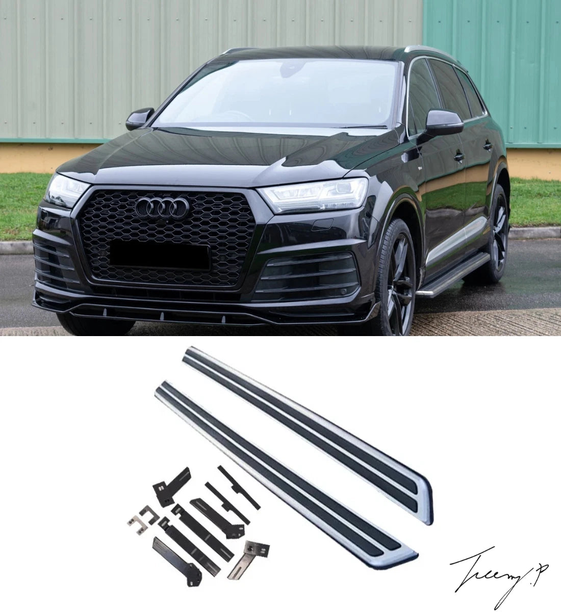 OEM-design aluminum and ABS side step running boards installed on a 2016-2023 Audi Q7 (4M)