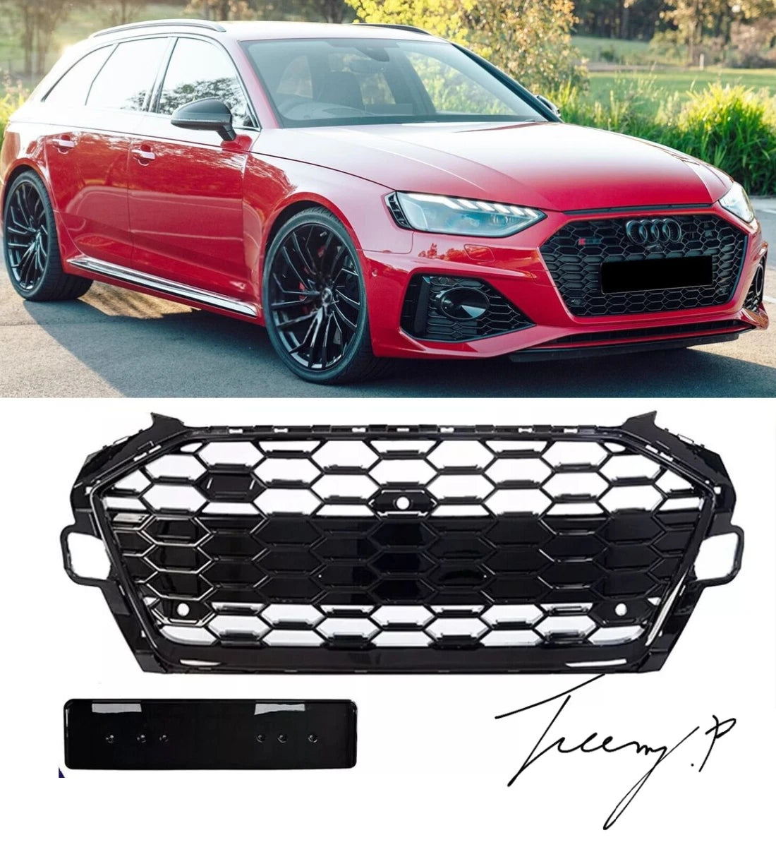 RS4-style gloss black honeycomb front radiator bumper grille installed on a 2016-2023 Audi A4 / S4 (B9 / B9.5)