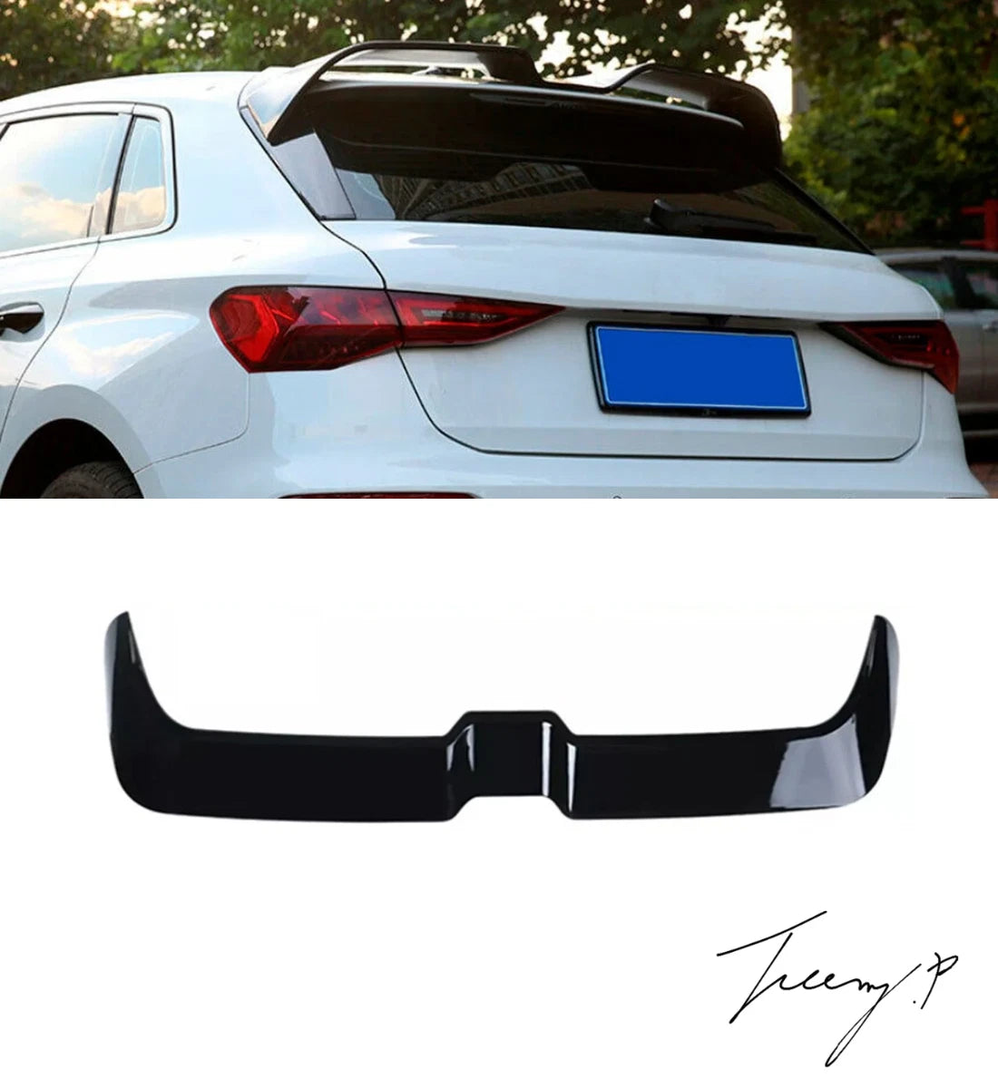 Gloss black Oettinger-style rear roof boot spoiler installed on a 2020-2026 Audi A3 8Y Hatchback