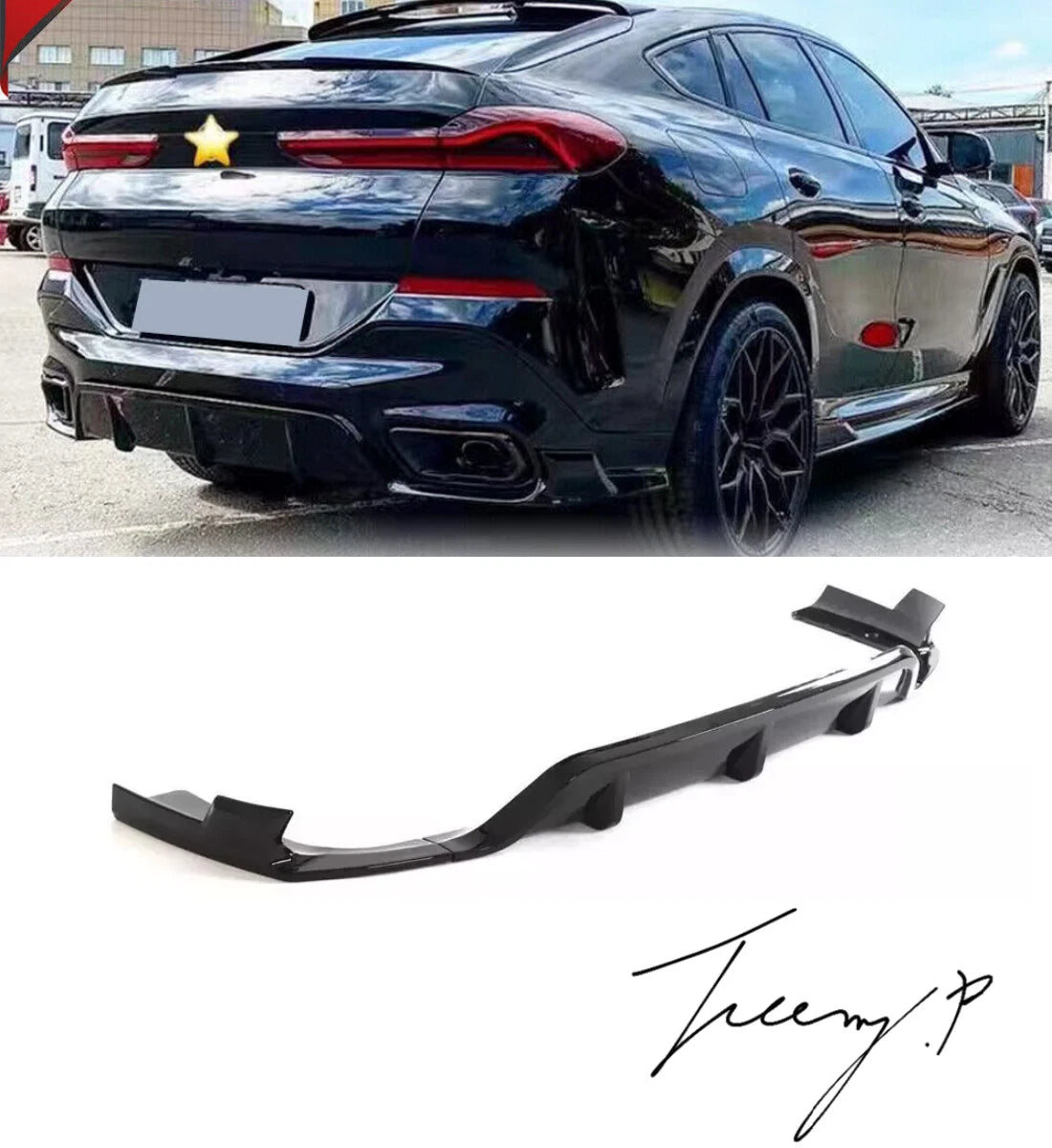 Gloss black rear bumper diffuser, lip splitters, and body kit installed on a 2019-2023 BMW X6 G06