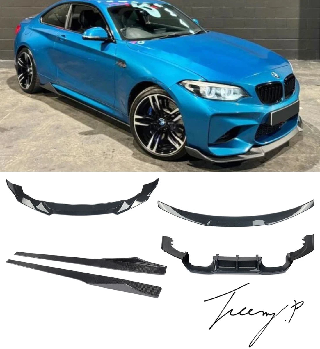 Carbon look front splitter, rear diffuser, side skirts, and trunk spoiler body kit installed on a 2016-2021 BMW M2 F87.