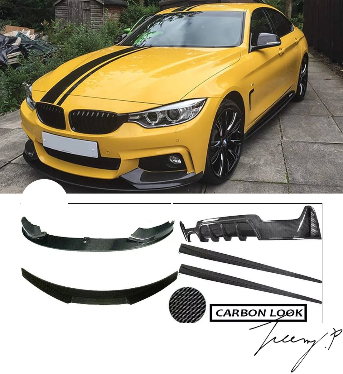 Carbon look front lip spoiler and rear diffuser body kit installed on a 2014-2020 BMW 4 Series F32 Coupe