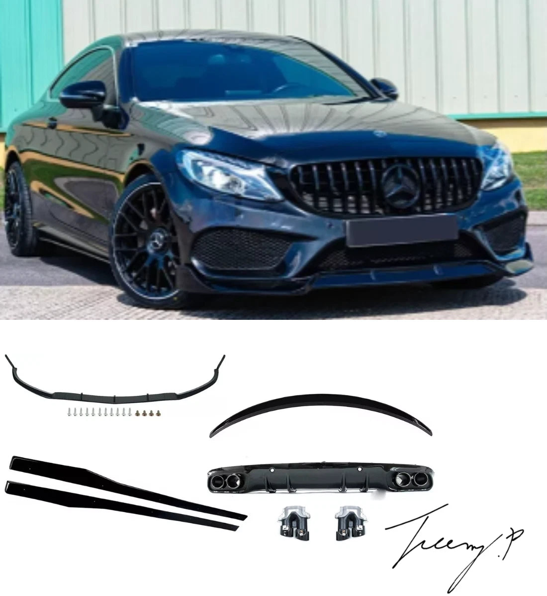 Gloss black C43 look rear diffuser, front splitter, and side skirts body kit installed on a 2016-2021 Mercedes C-Class C205 Coupe