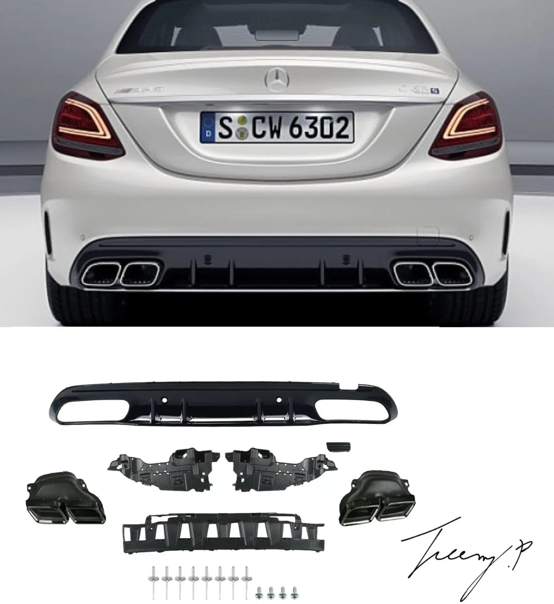 Gloss black rear diffuser with AMG tailpipes installed on a 2015-2020 Mercedes C-Class AMG / C63 W205 Sedan