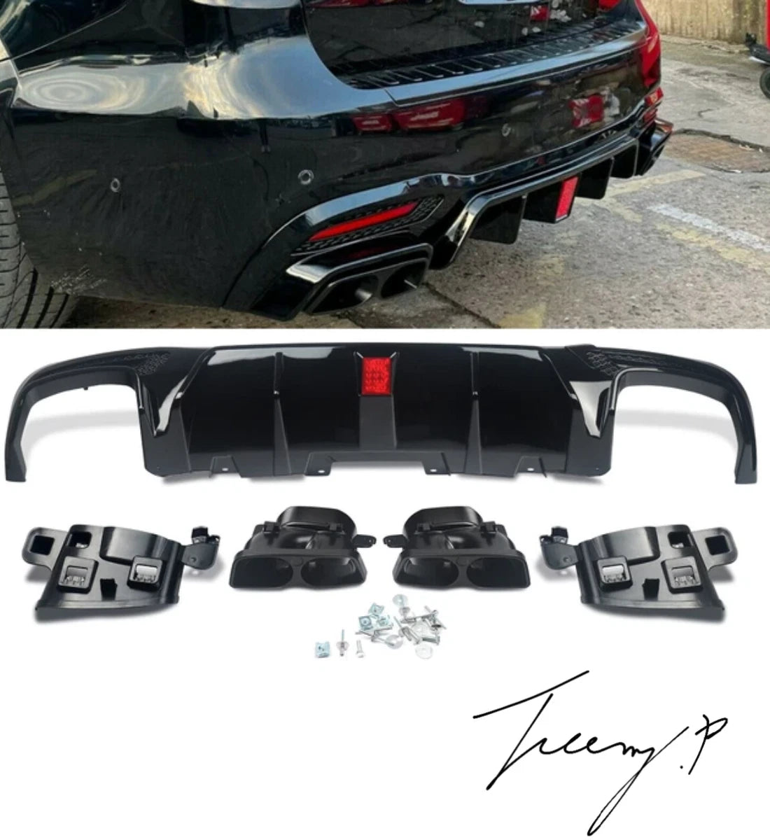 Mercedes GLE GLS W166 X166 (2015-2019) Rear Diffuser with Light & Tailpipes Black