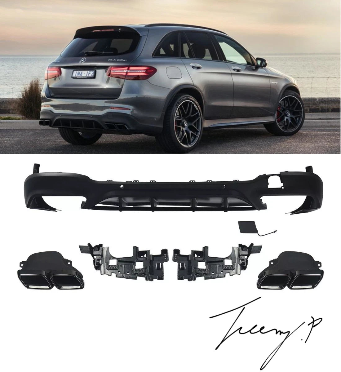 Gloss black GLC63 AMG style rear diffuser with quad exhaust tailpipes installed on a 2016-2019 Mercedes-Benz GLC-Class X253.