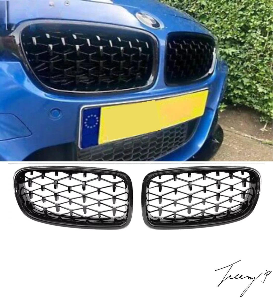 Gloss Black Diamond Kidney Grilles M340 Look Front For BMW 3 Series F30 2012-2019