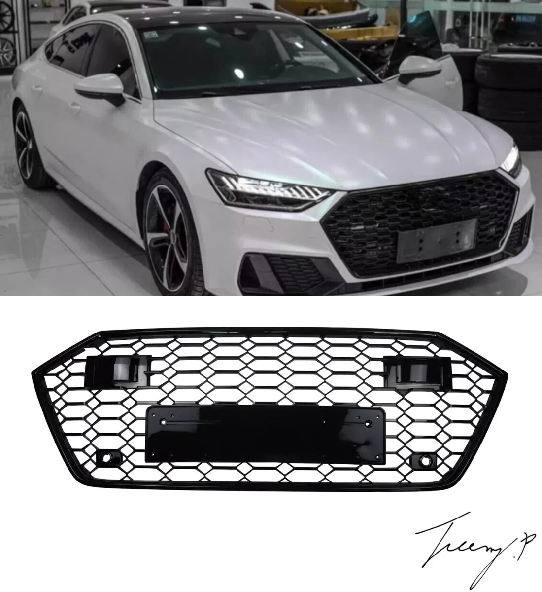 Audi A7 S7 (2018-2023) RS7 Style Front Grille Gloss Black Honeycomb Mesh